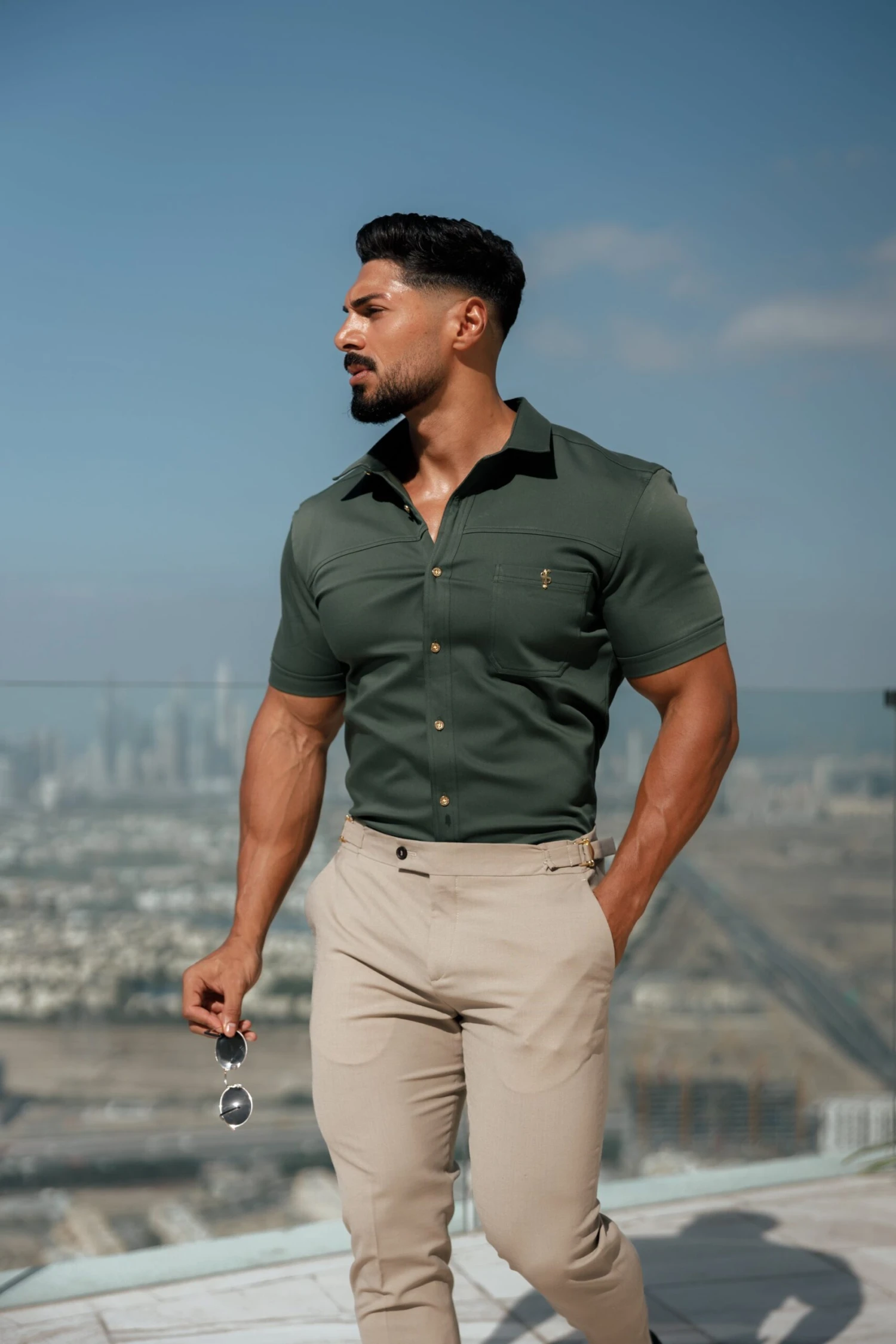 Father Sons Super Slim Stretch Khaki Denim Short Sleeve With Horizontal Seam And Pocket- FS958 - Image 7