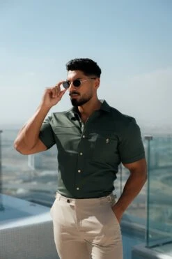 Father Sons Super Slim Stretch Khaki Denim Short Sleeve With Horizontal Seam And Pocket- FS958