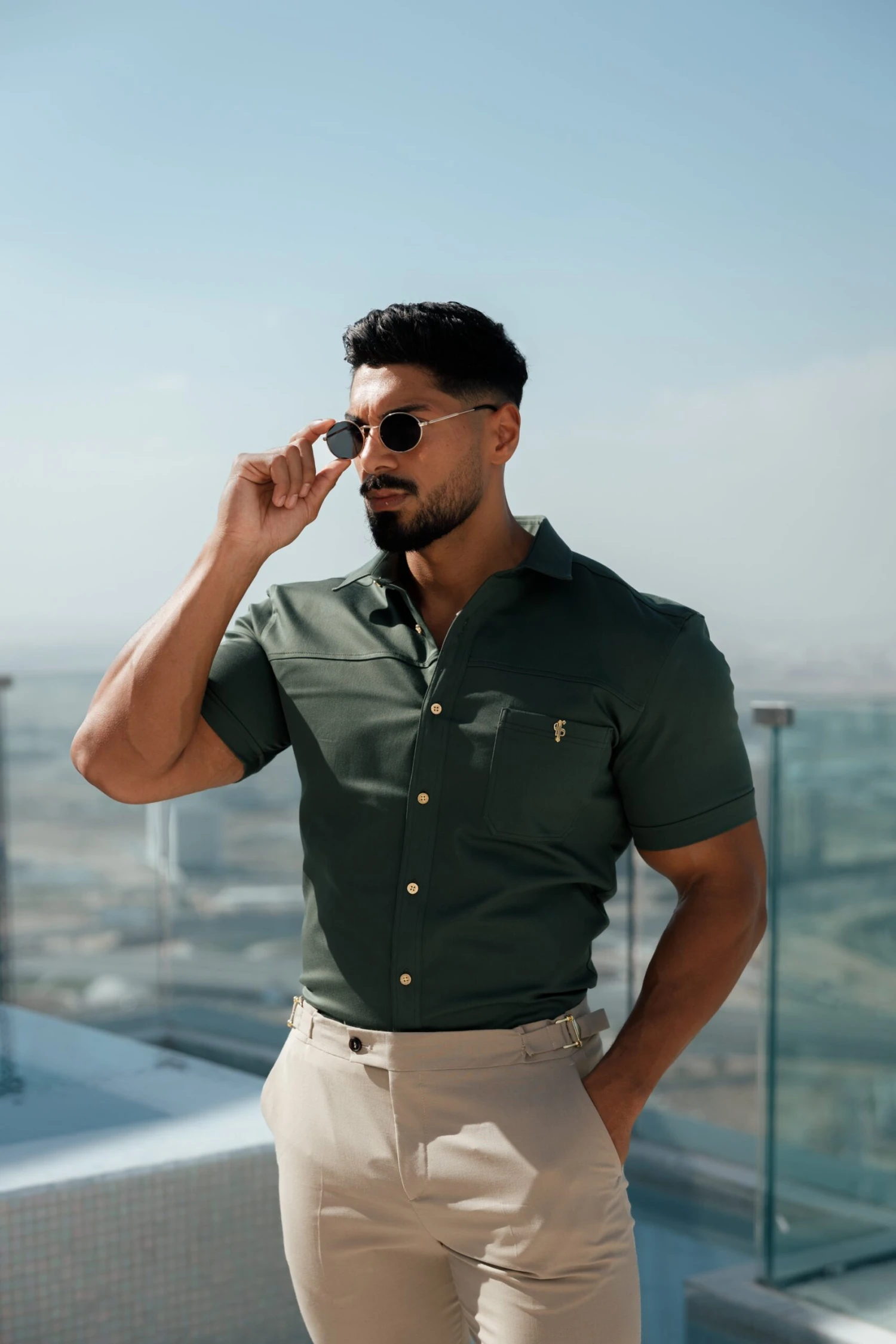 Father Sons Super Slim Stretch Khaki Denim Short Sleeve With Horizontal Seam And Pocket- FS958