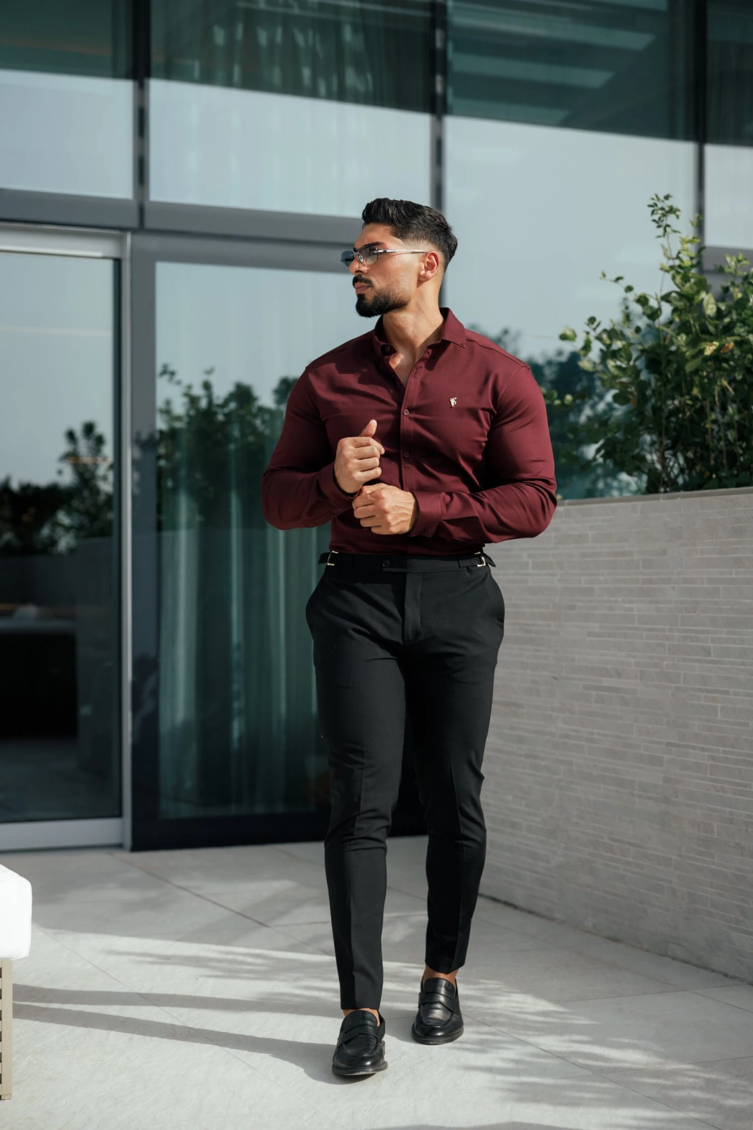 Father Sons Super Slim Stretch Burgundy Denim Long Sleeve With Gold Metal Decal And Button Down Collar - FS1046 - Image 6