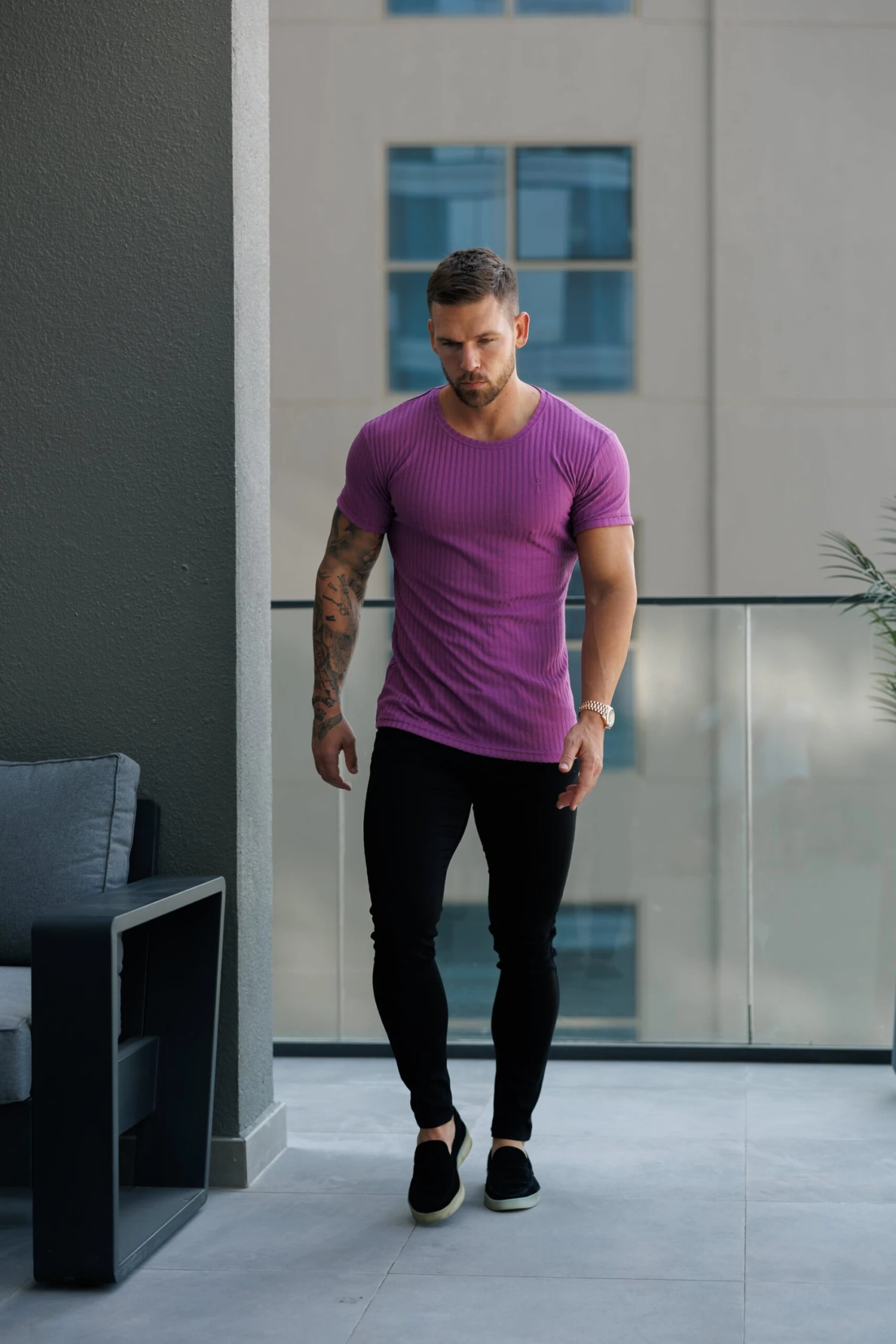 Father Sons Classic Light Purple Ribbed Knit Super Slim Short Sleeve Crew - FSH1161 - Image 5