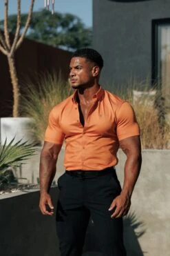 FS Super Slim Stretch Orange Denim Short Sleeve With Button Down Collar - FS1137