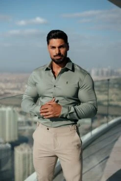 Father Sons Super Slim Stretch Sage Green Denim Long Sleeve With Metal Buttons And Decal - FS1020