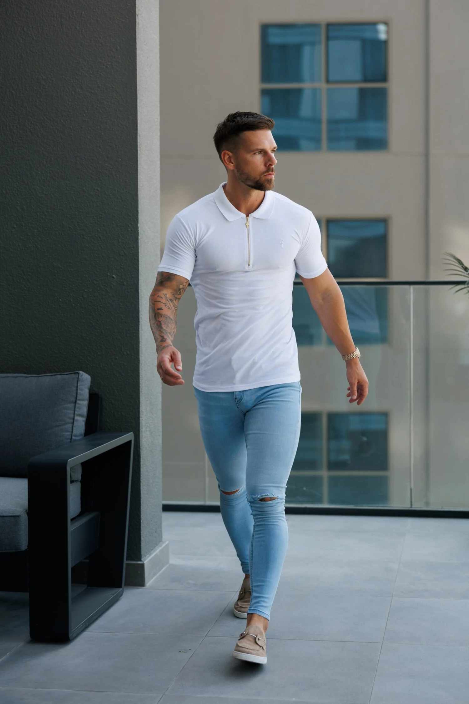 Father Sons Ultra Stretch Mid Blue Slim Jeans Bleached With Knee Rips - FSJEAN012 - Image 2