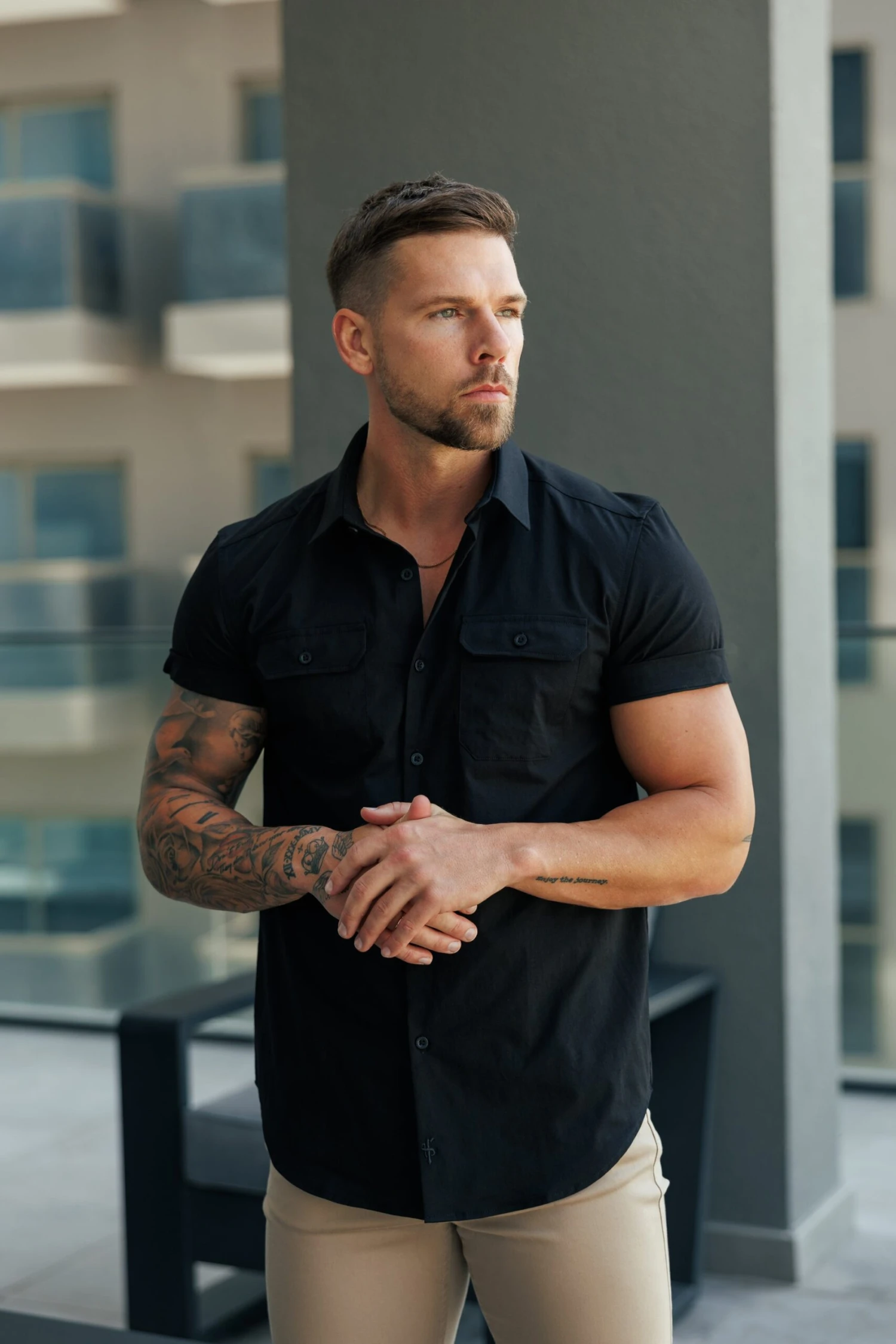 Father Sons Boxy Stretch Black Short Sleeve With 2 Chest Pockets Ad Flaps- FS1097