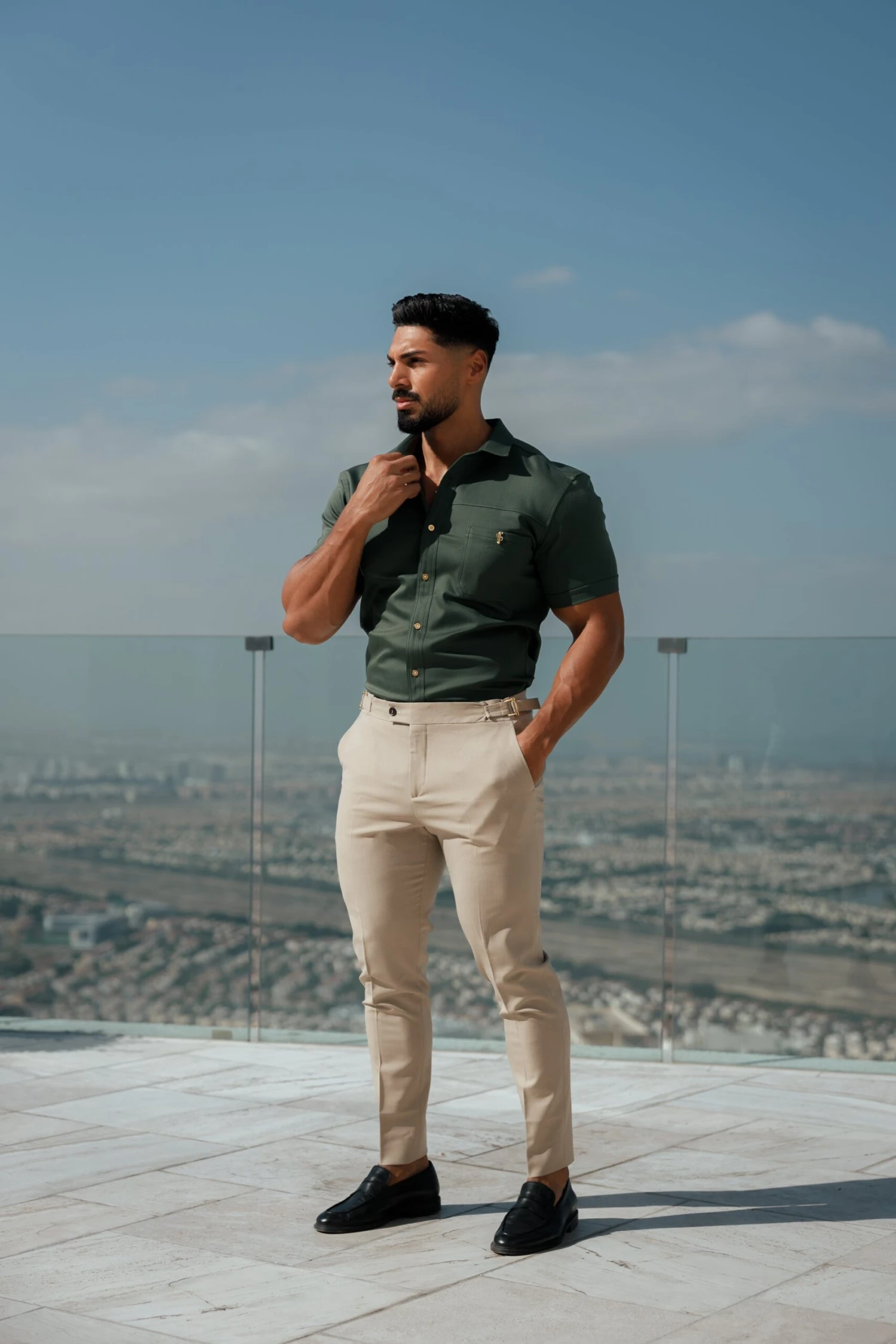 Father Sons Super Slim Stretch Khaki Denim Short Sleeve With Horizontal Seam And Pocket- FS958 - Image 9