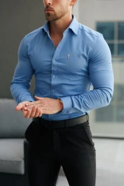 Father Sons Super Slim Stretch Light Blue Denim Long Sleeve With Cutaway Collar - FS1151