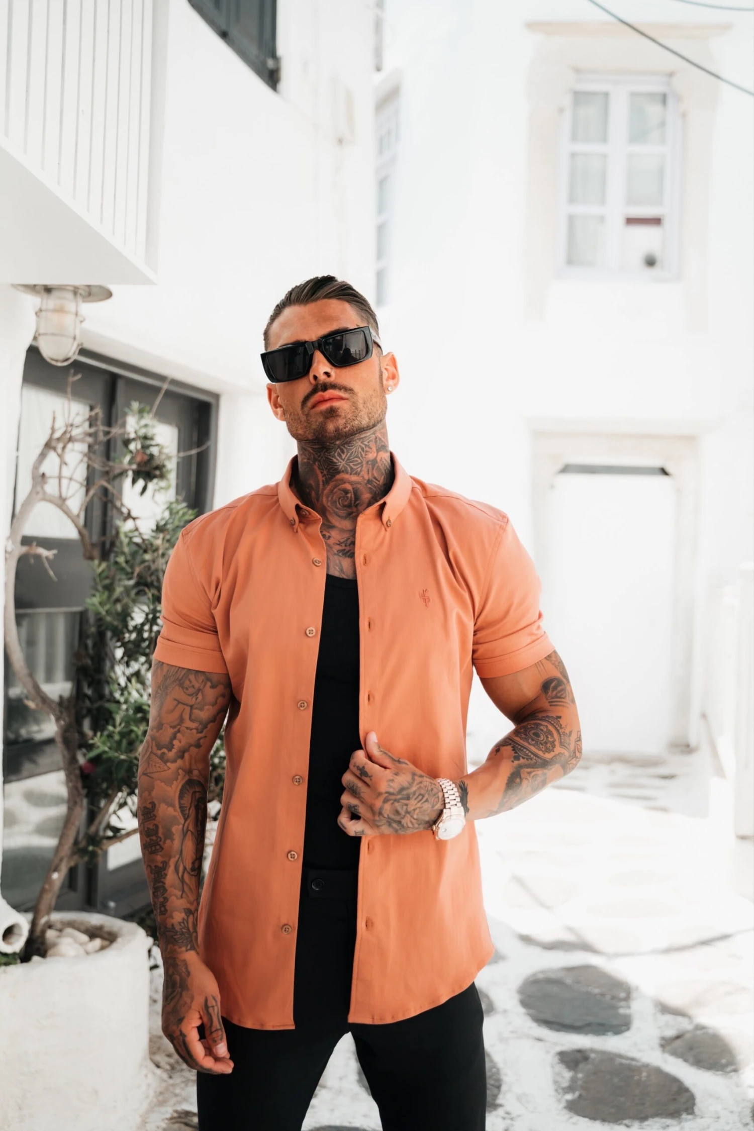 Father Sons Super Slim Stretch Plain Terracotta Short Sleeve With Button Down Collar - FS984 - Image 2