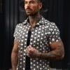 Father Sons Hawaiian Boxy Black / Cream / Taupe Link Print With Revere Collar Short Sleeve - FS996