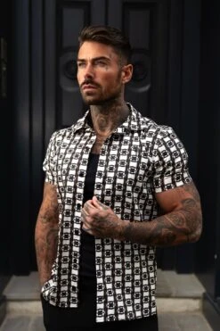 Father Sons Hawaiian Boxy Black / Cream / Taupe Link Print With Revere Collar Short Sleeve - FS996