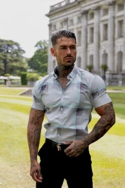 Father Sons Super Slim Stretch Aqua Check Print Short Sleeve With Button Down Collar - FS915