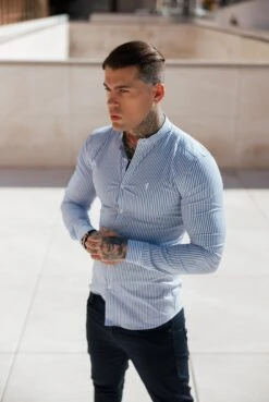 Father Sons Super Slim Stretch LS Navy & White Stripe With Grandad Collar - FS1113