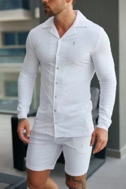 Father Sons Stretch White Pique Revere Shirt Long Sleeve - FSH1352