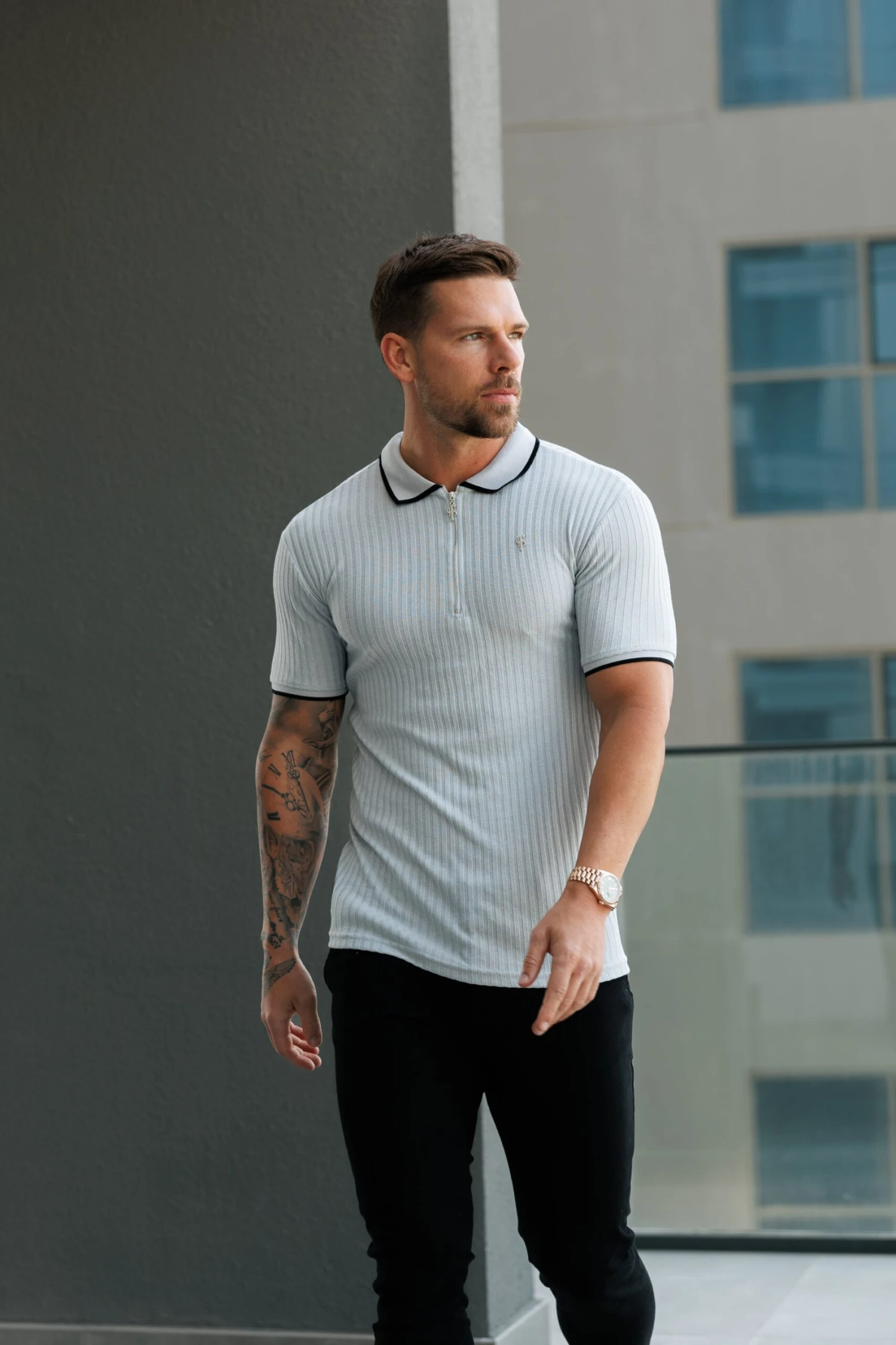 FS Classic Grey Ribbed Zip Polo With Contrast Short Sleeve - FSH1108 - Image 7