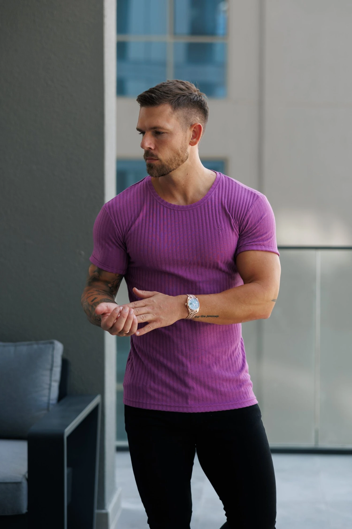 Father Sons Classic Light Purple Ribbed Knit Super Slim Short Sleeve Crew - FSH1161 - Image 10