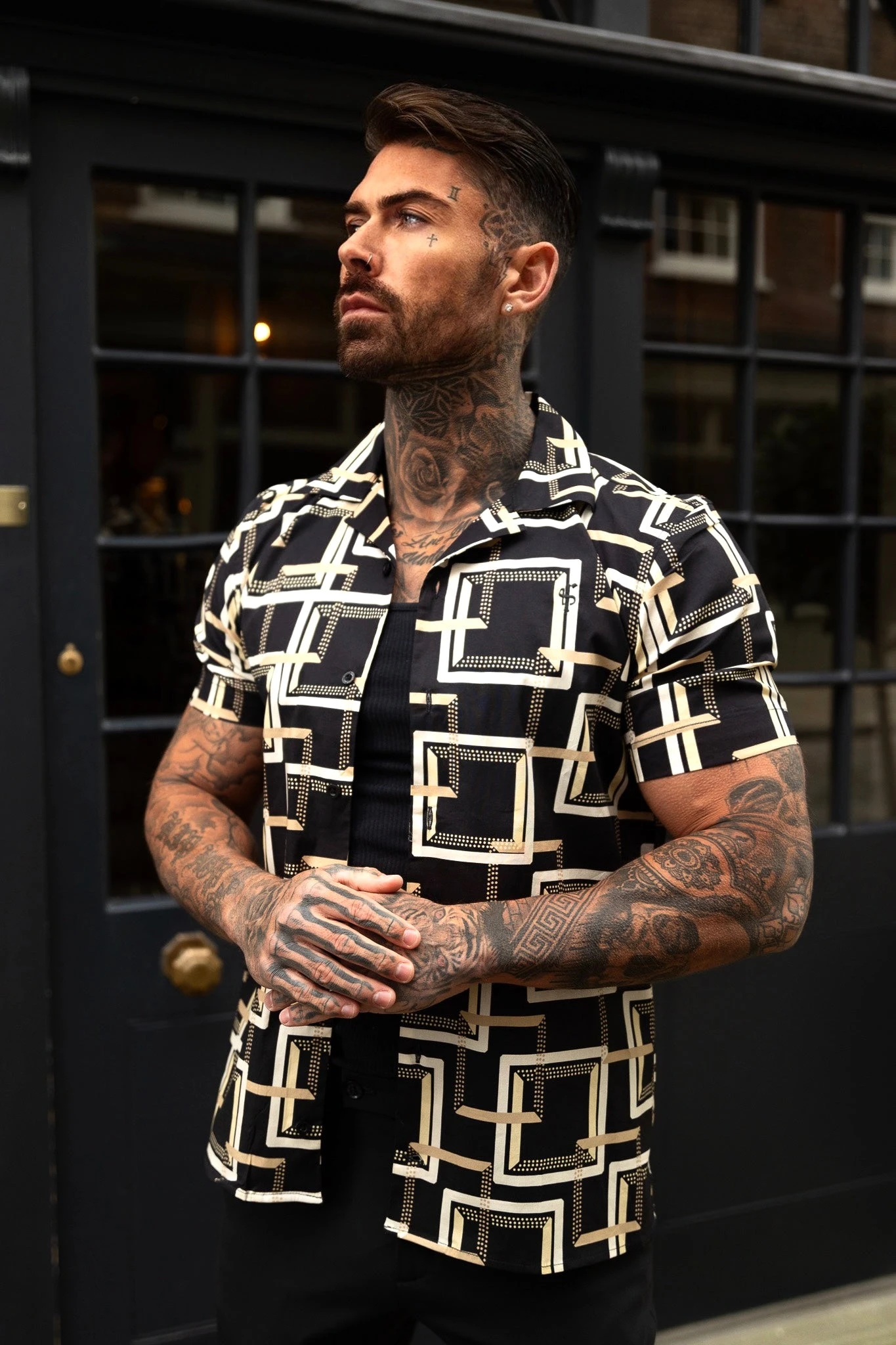 Father Sons Hawaiian Boxy Black / Cream Interlinked Square Print Stretch With Revere Collar Short Sleeve - FS997 - Image 2