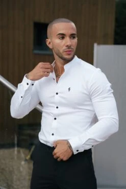 FS Super Slim Stretch White Denim Long Sleeve Grandad Collar With Black Decal - FS1110