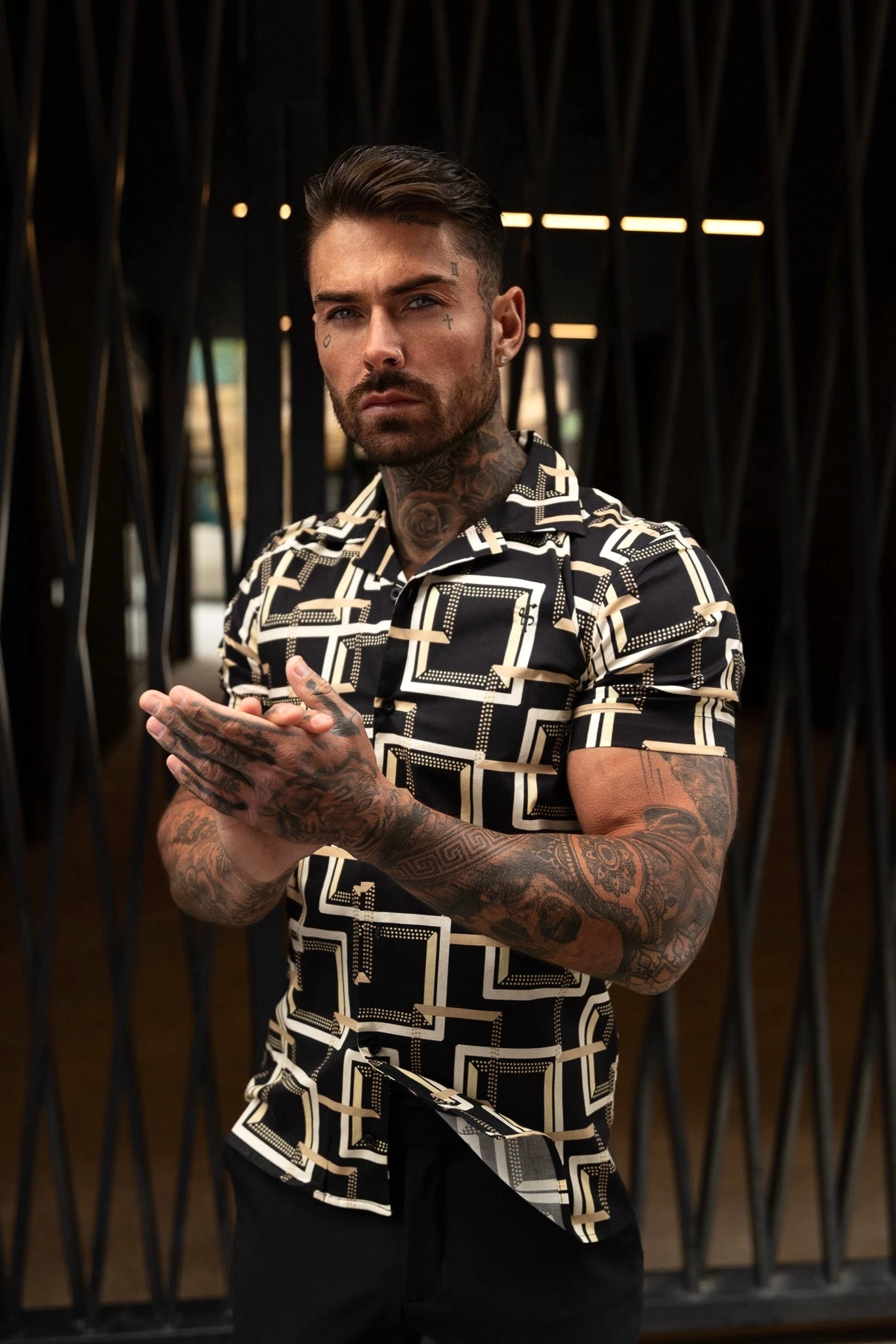 Father Sons Hawaiian Boxy Black / Cream Interlinked Square Print Stretch With Revere Collar Short Sleeve - FS997 - Image 5