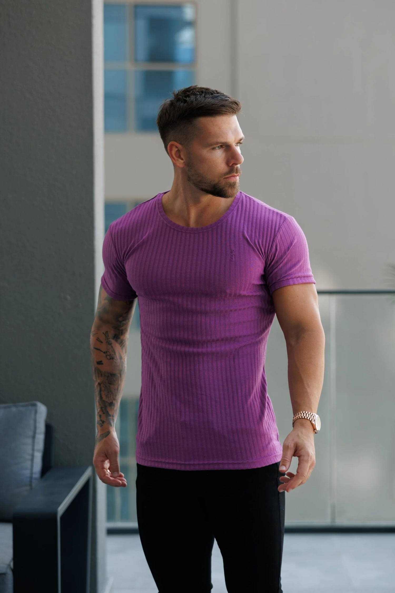 Father Sons Classic Light Purple Ribbed Knit Super Slim Short Sleeve Crew - FSH1161 - Image 9