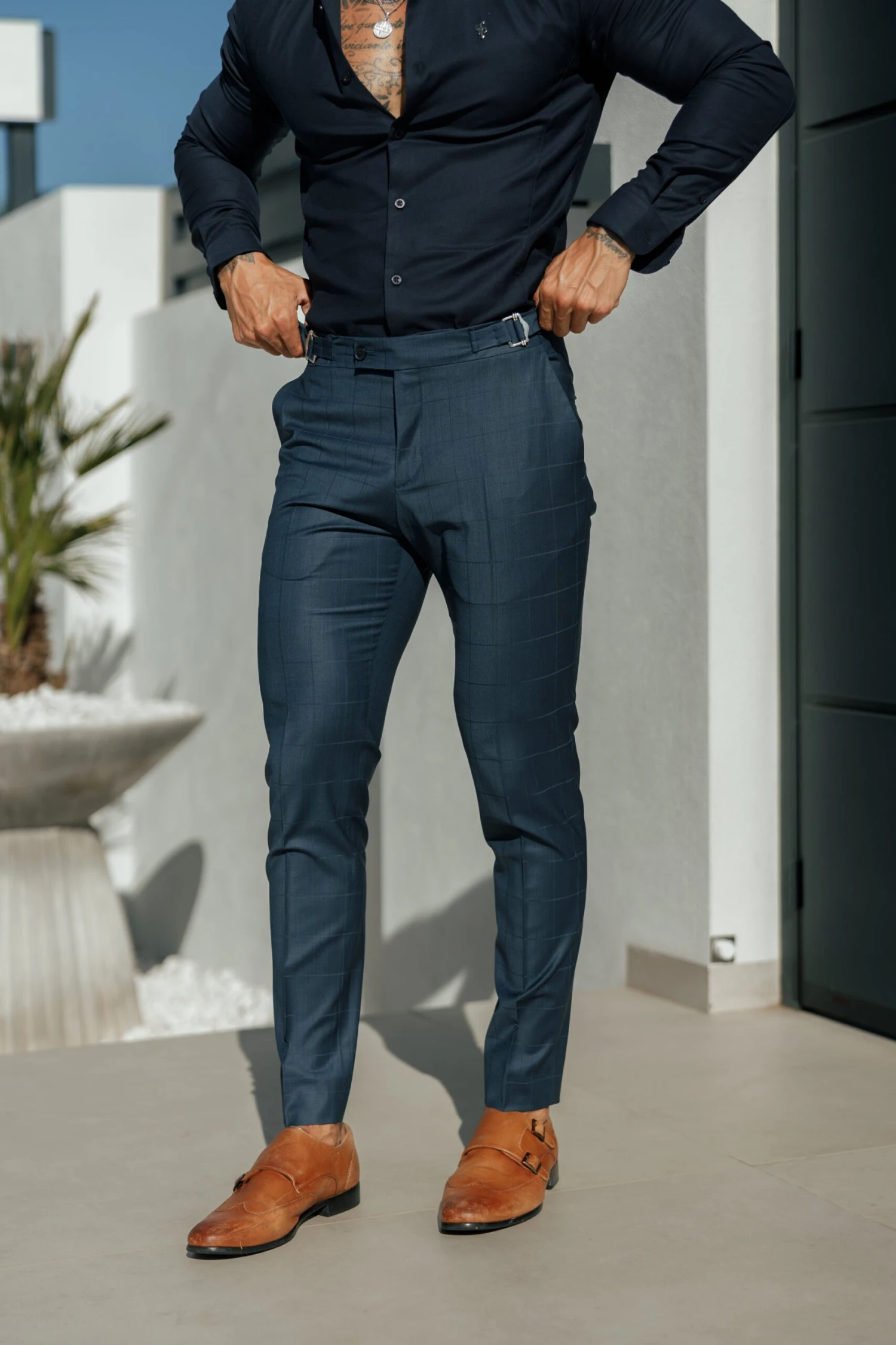Father Sons Slim Formal Navy Self Check Stretch Trousers With Side Adjusters - FST030