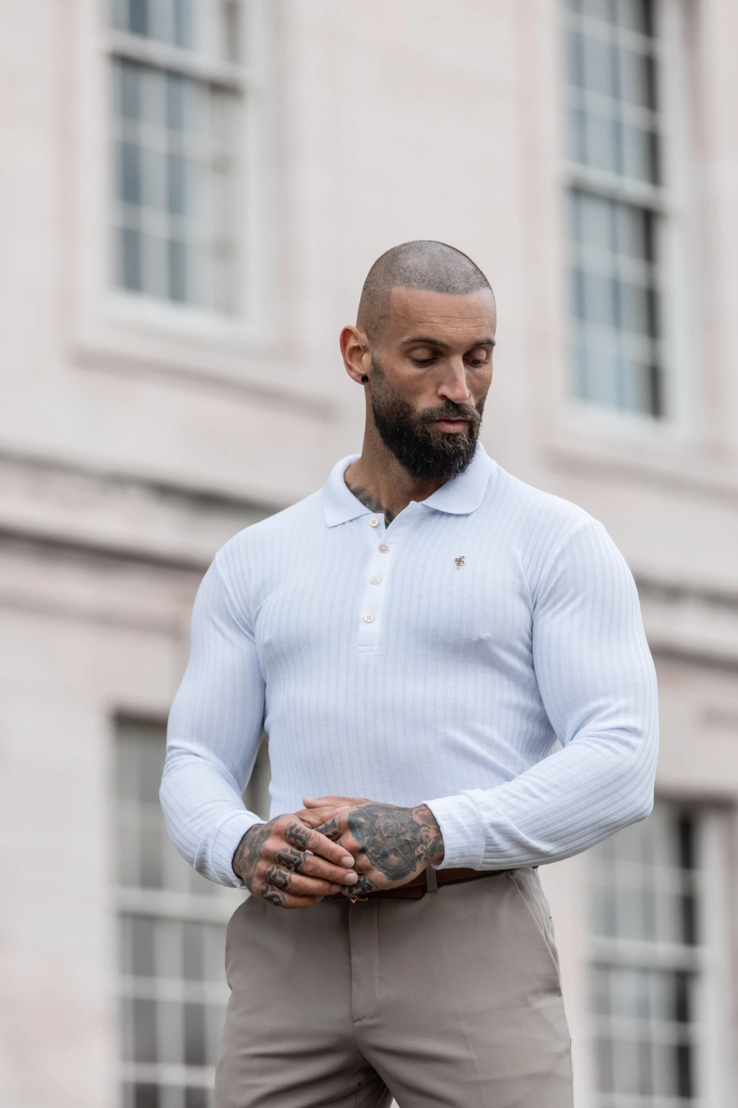 Father Sons Classic White Ribbed Polo Shirt Long Sleeve With Gold Decal - FSH975 - Image 4