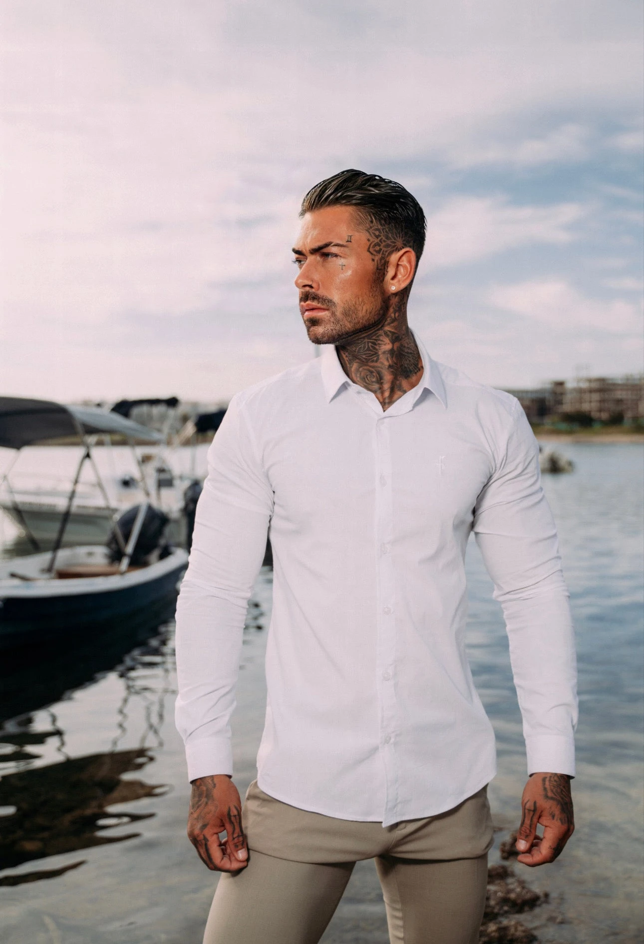 Father Sons Super Slim Stretch White Tonal Buttons And Embroidery Long Sleeve - FS890 - Image 3