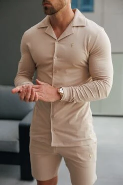 Father Sons Stretch Beige Pique Revere Shirt Long Sleeve - FSH1209