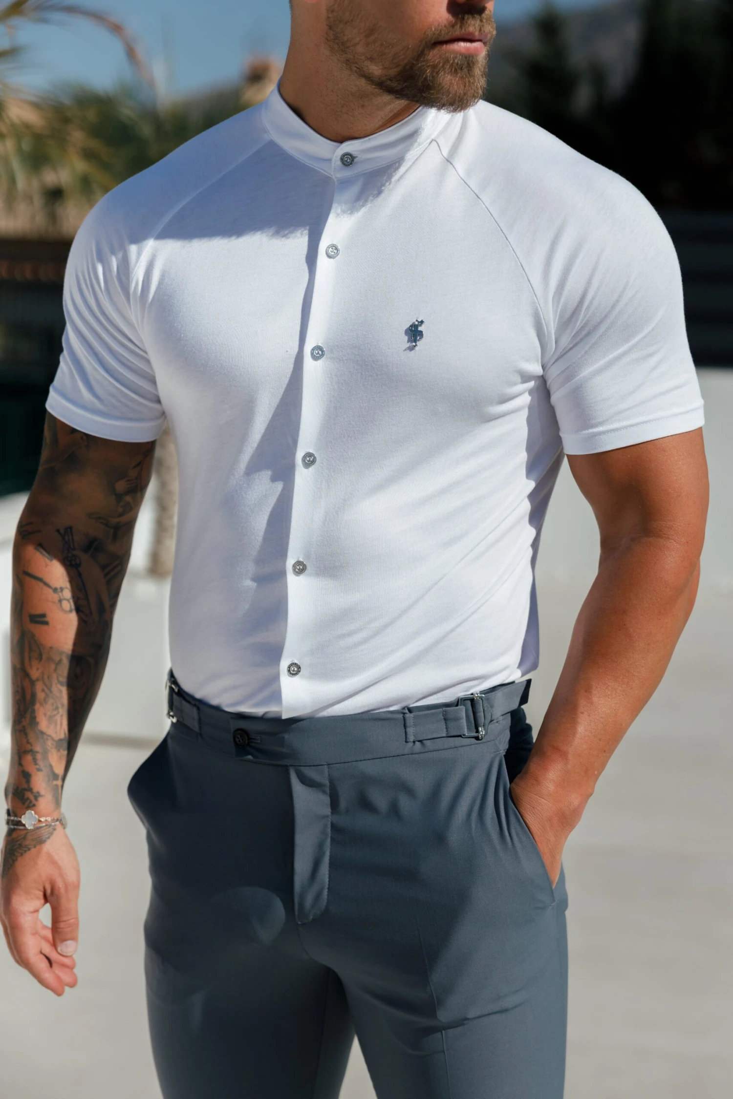 FS Slim Bamboo Raglan Grandad Collar White - FSH1134 - Image 3