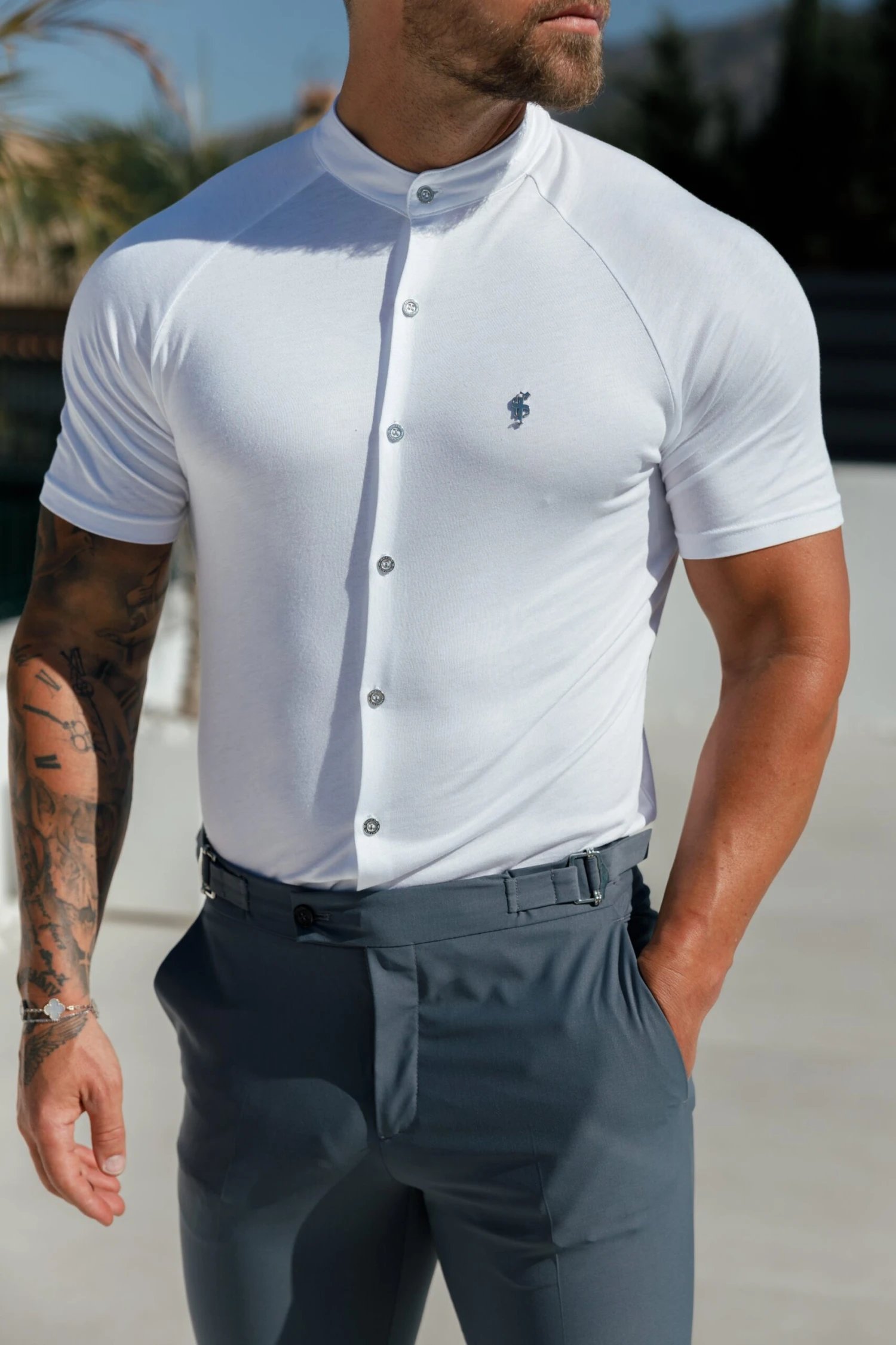 FS Slim Bamboo Raglan Grandad Collar White - FSH1134 - Image 2