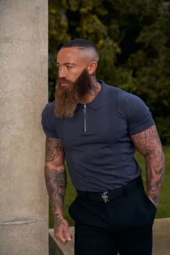 Father Sons Classic Gunmetal And Silver Zip Knitted Polo Shirt Short Sleeve - FSN133