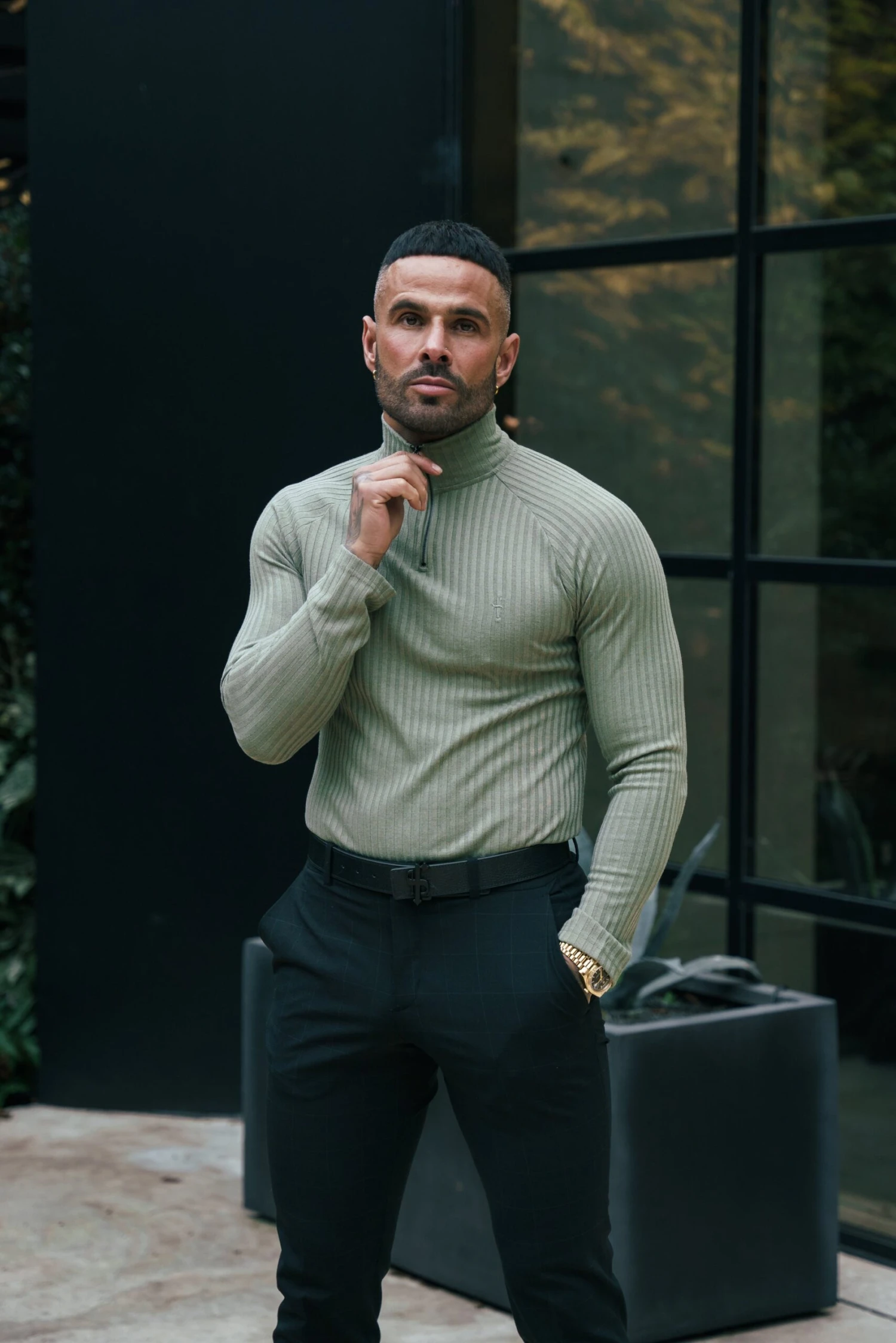 FS Classic Olive Ribbed Zip Funnel Neck Raglan Long Sleeve Crew - FSH1297 - Image 6