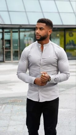 Father Sons Super Slim Stretch Grey Denim Long Sleeve With Grandad Collar And Silver Metal Buttons And Decal - FS962