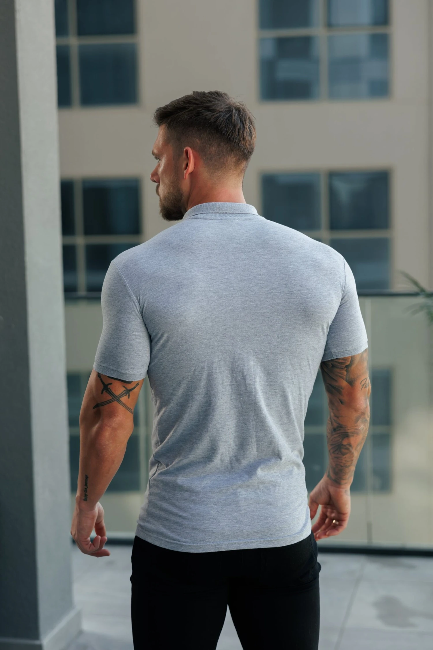 Father Sons Classic Light Grey Polo Shirt With Tonal Button And Black Embroidery - FSH1268 - Image 4