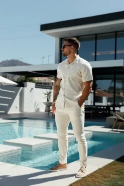 Father Sons Hawaiian Boxy Stretch Natural Linen Short Sleeve With Revere Collar Short Sleeve - FS1071