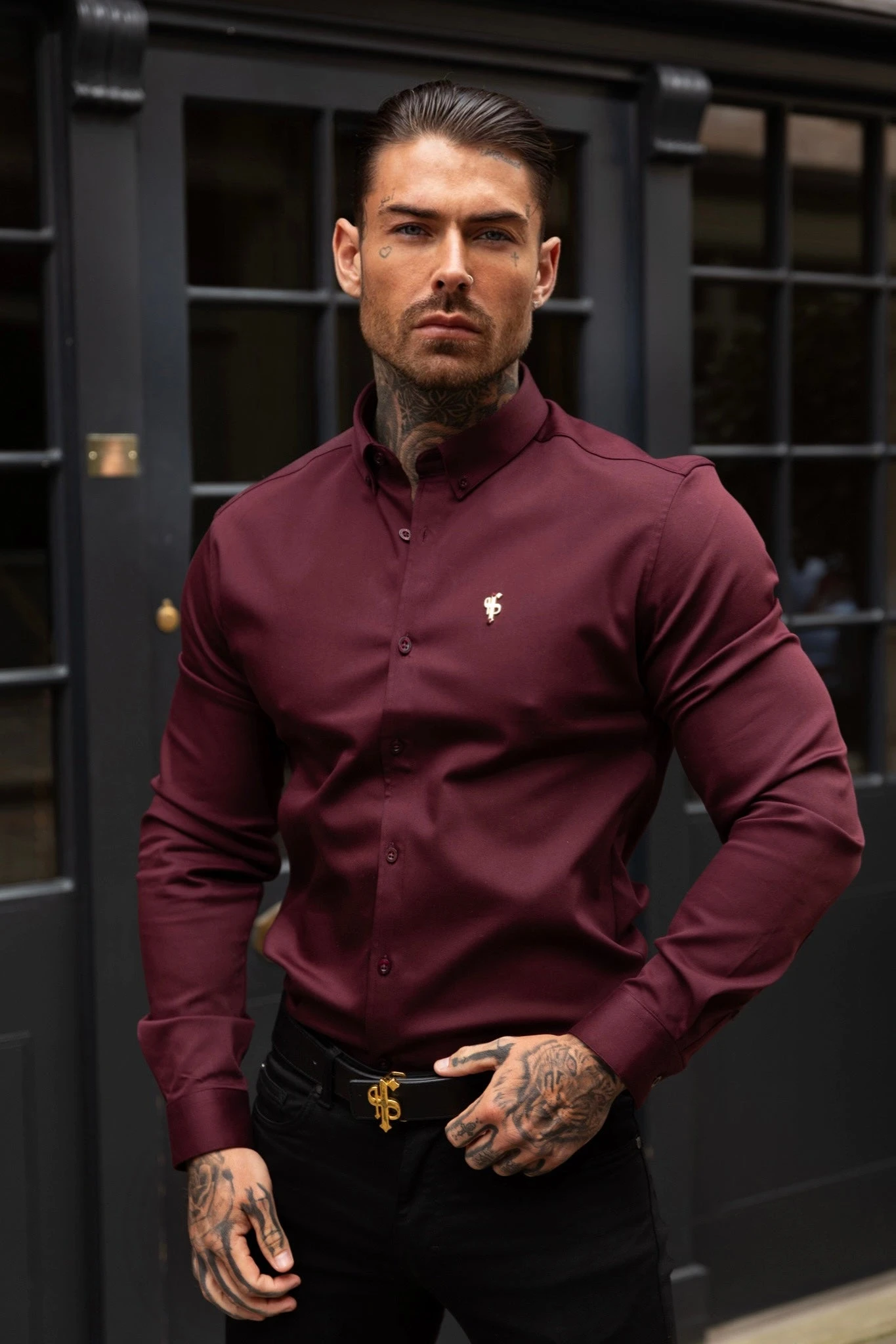 Father Sons Super Slim Stretch Burgundy Denim Long Sleeve With Gold Metal Decal And Button Down Collar - FS1046 - Image 3