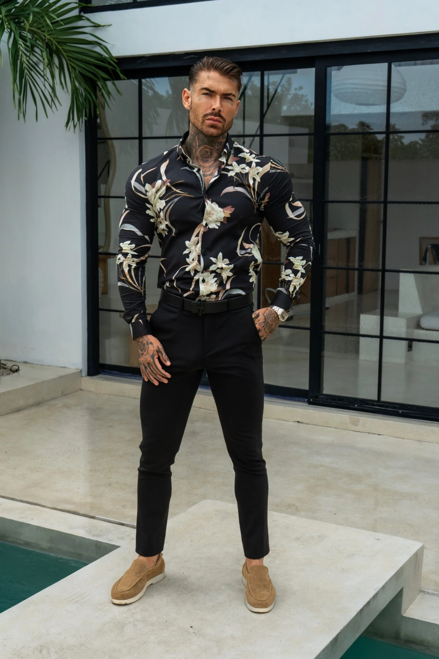 Classic Stretch LS Black Oriental Print Button Down Collar - FS1156 - Image 5