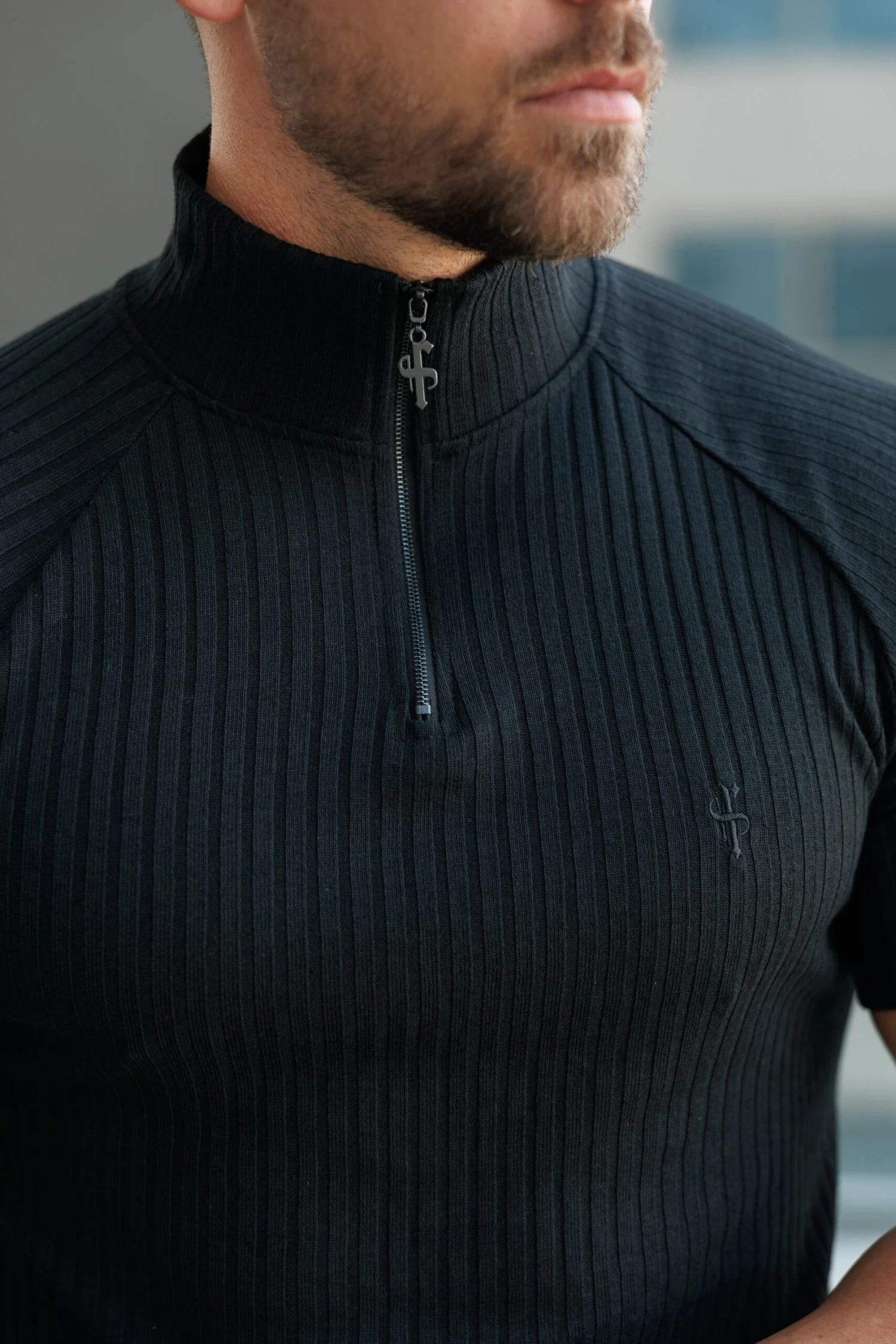 Father Sons Classic Black Ribbed Zip Funnel Neck Raglan Short Sleeve Crew - FSH729 - Image 7