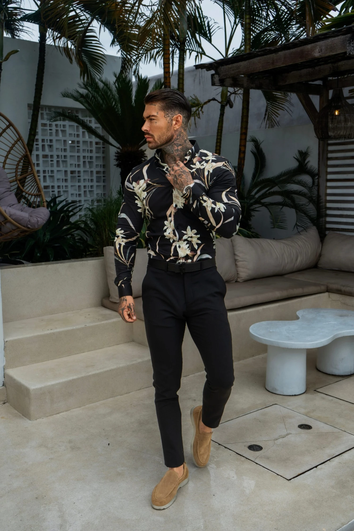 Classic Stretch LS Black Oriental Print Button Down Collar - FS1156 - Image 3