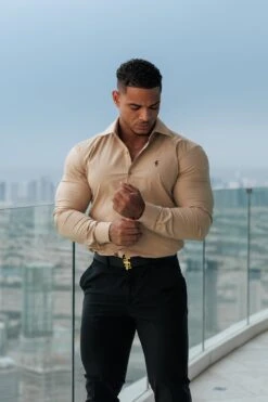 Father Sons Muscle Fit Advanced Stretch Beige With Cutaway Collar - FS1166