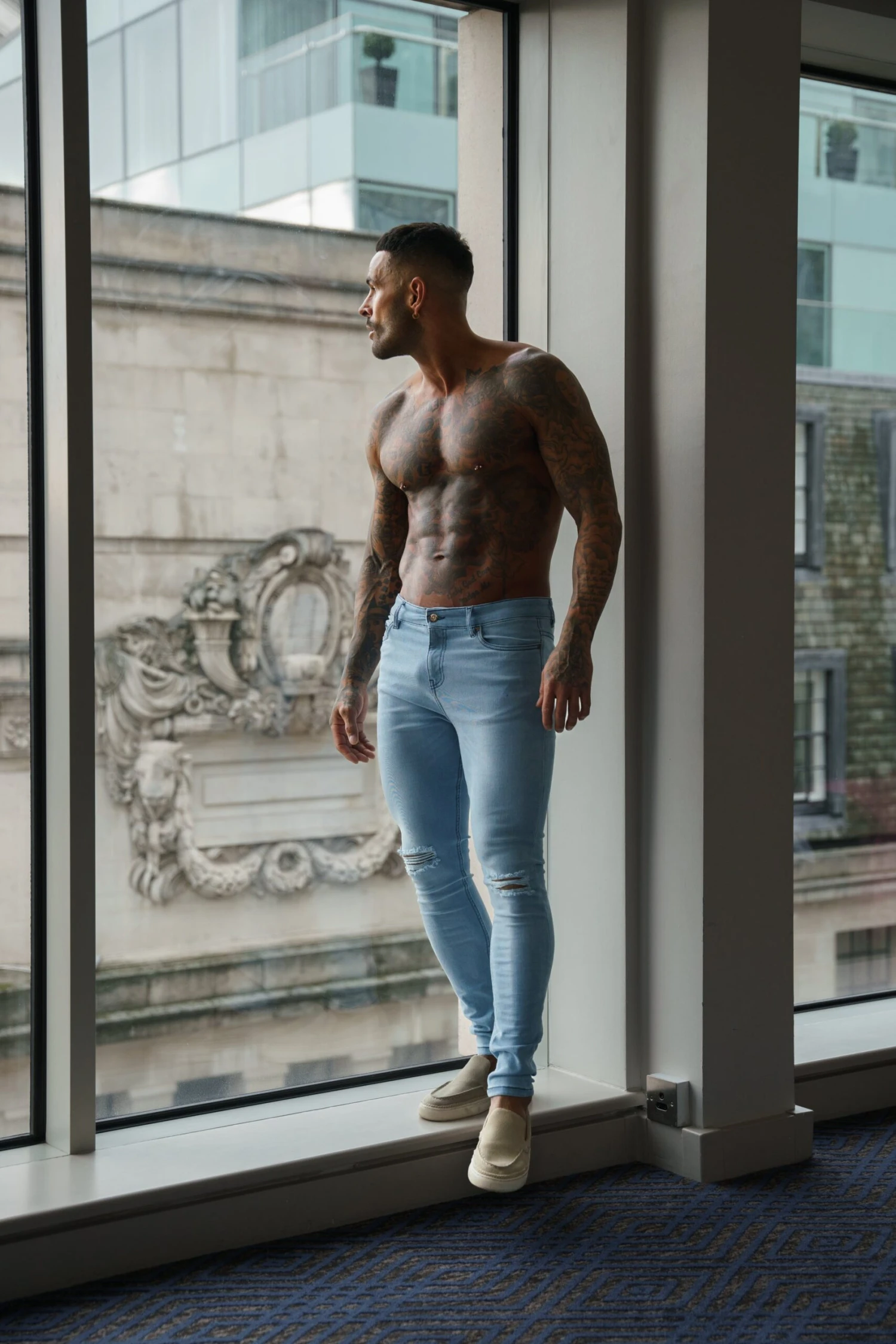 Father Sons Ultra Stretch Mid Blue Slim Jeans Bleached With Knee Rips - FSJEAN012 - Image 5