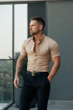 FS Super Slim Stretch Light Tan Denim Short Sleeve With Button Down Collar - FS1133