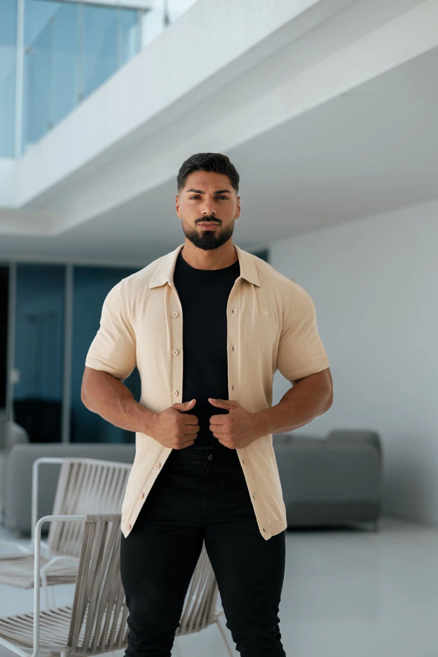 Father Sons Classic Plain Beige Knitted Button Through Polo Short Sleeve - FSN104 - Image 5