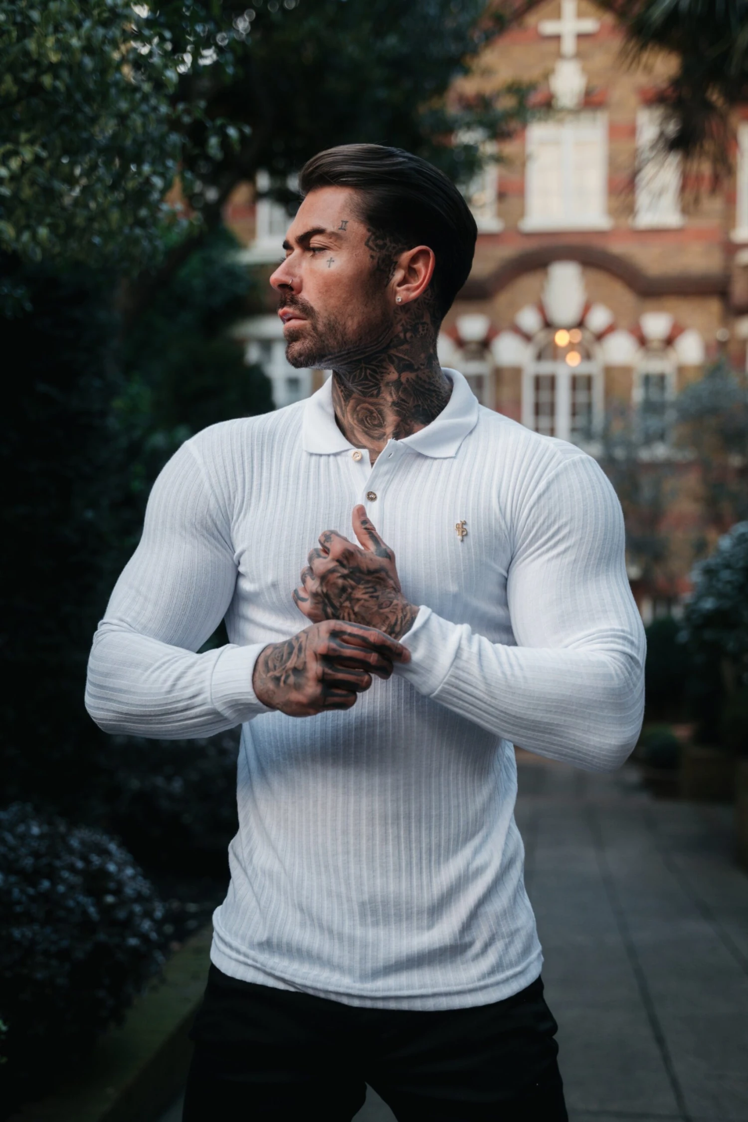 Father Sons Classic White Ribbed Polo Shirt Long Sleeve With Gold Decal - FSH975 - Image 3