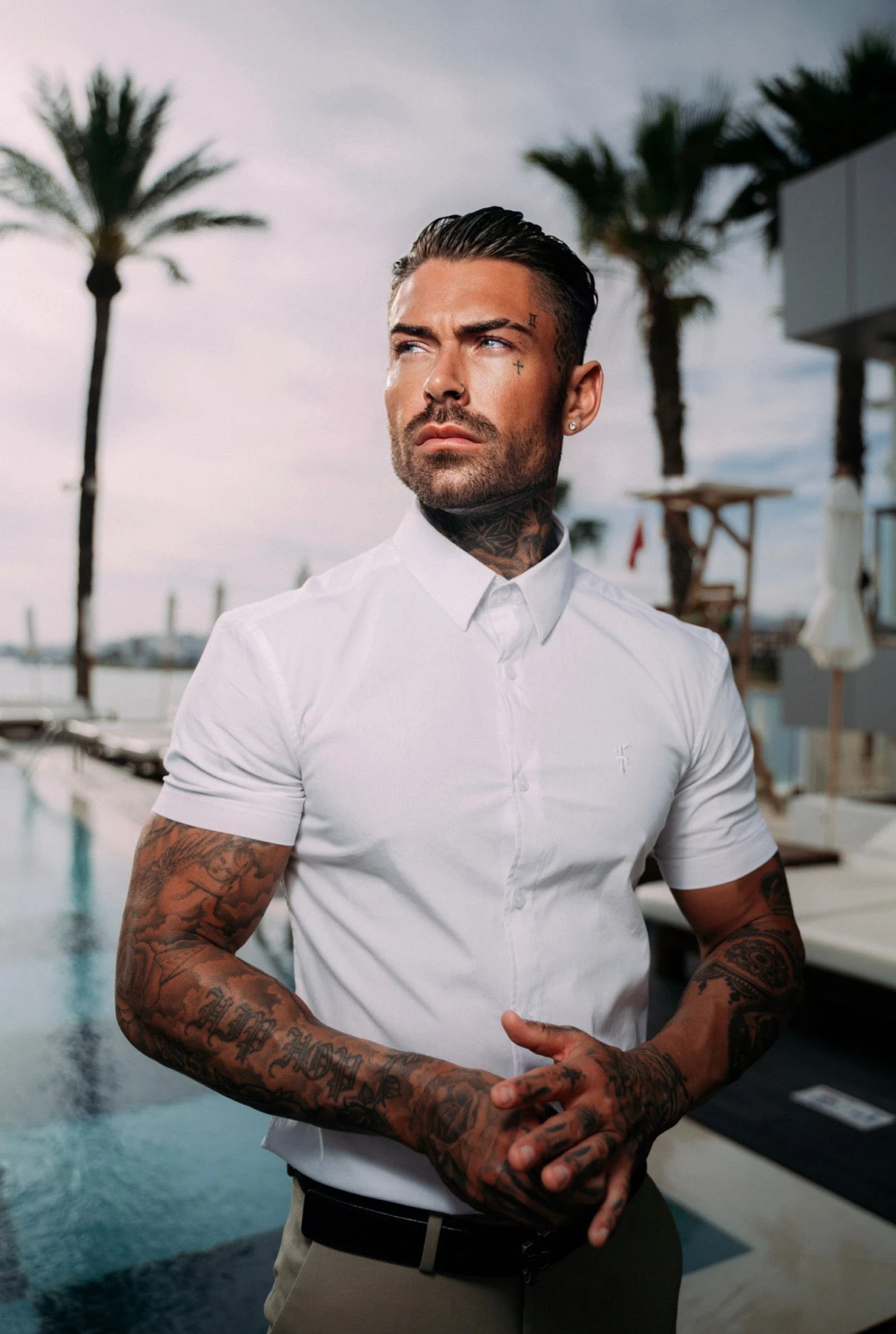 Father Sons Super Slim Stretch White Tonal Buttons And Embroidery Short Sleeve - FS889 - Image 3