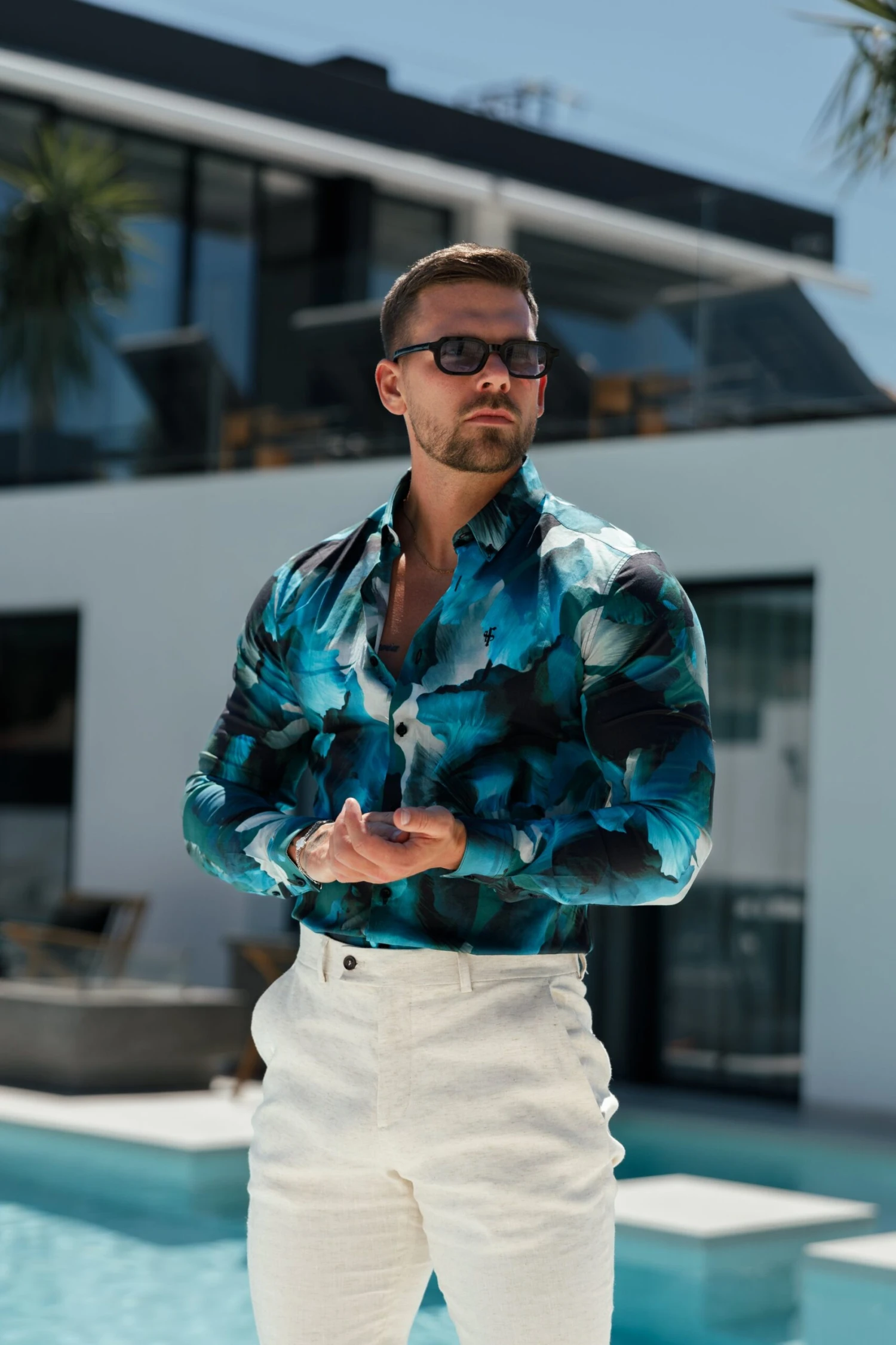 Classic Stretch LS Blue / Green Marine Print Button Down Collar - FS1109 - Image 6