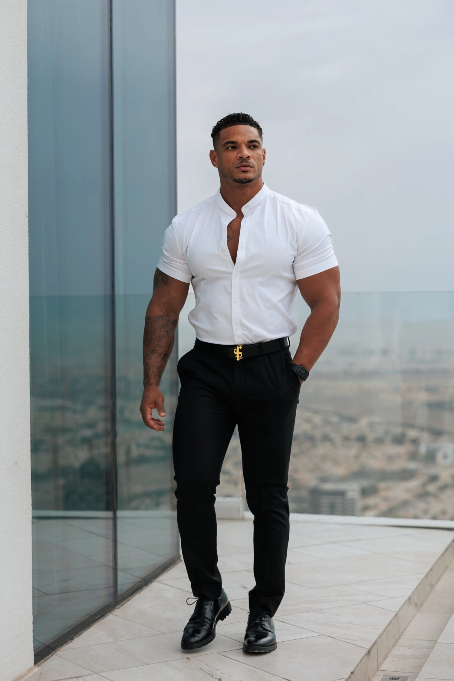 Father Sons Super Slim Stretch Classic All White Grandad Collar Short Sleeve - FS580 - Image 4