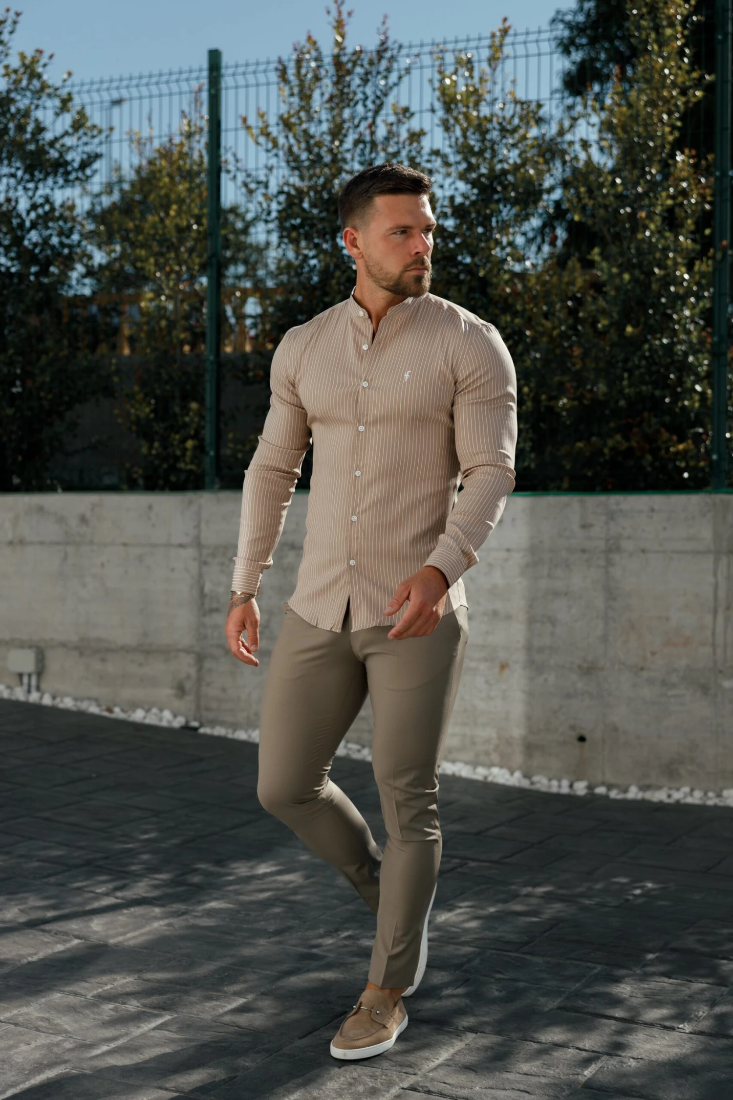 Father Sons Super Slim Stretch Taupe Printed Pinstripe Long Sleeve With Grandad Collar - FS1057 - Image 2