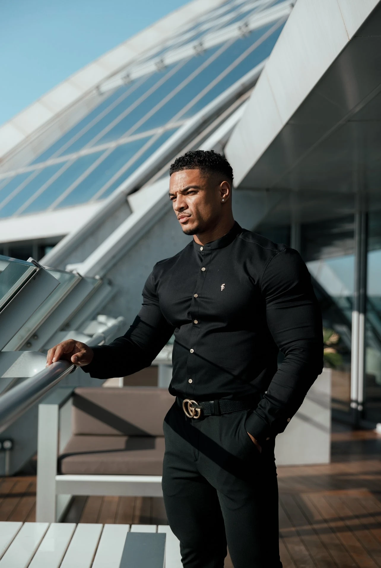 Father Sons Super Slim Stretch Black Denim Long Sleeve Grandad Collar With Metal Buttons And Decal Emblem - FS707 - Image 5