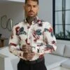 Classic Stretch LS White / Rust Floral Print Button Down Collar - FS1155