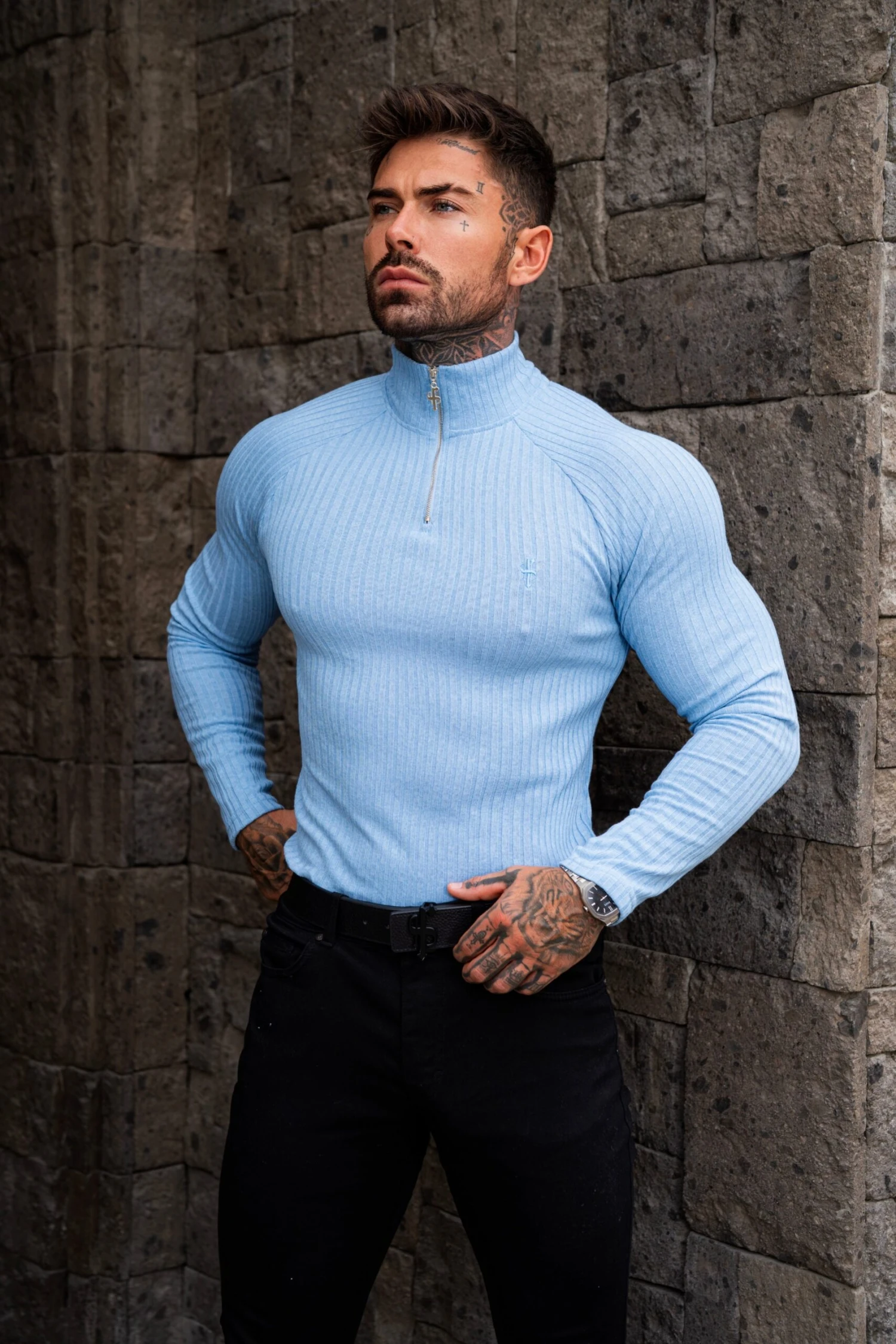 FS Classic Light Blue Ribbed Zip Funnel Neck Raglan Long Sleeve Crew - FSH1298 - Image 2